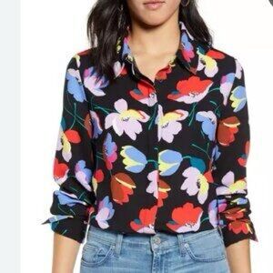 Halogen Multicolor Floral Poppy Button Down Shirt Large Work Office